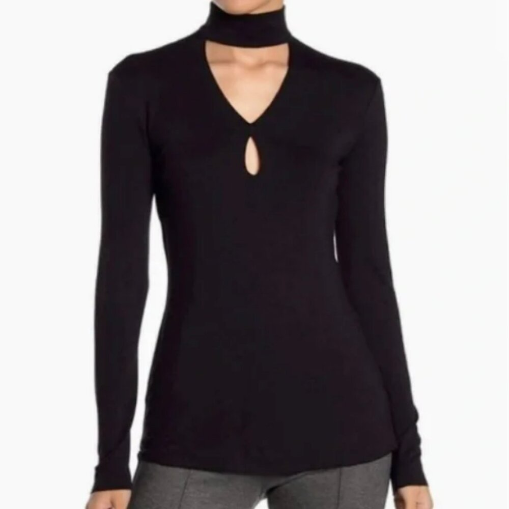 Bailey 44 Cat Track Long Sleeve Jersey Cutout Choker/Mock Neck Blouse in Black